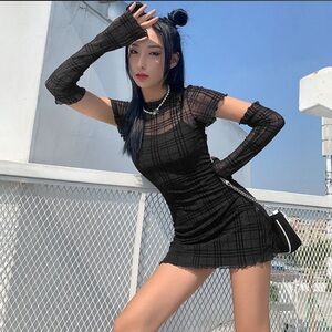 Short-Sleeve Plaid A-Line Dress + Arm Sleeves SET